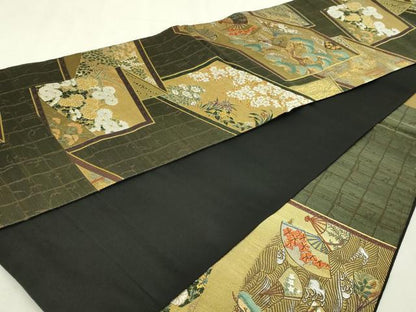 平和屋本店▼西陣の名門　本家加納　六通柄袋帯　扇面草花文　松竹梅　本金箔　正絹　逸品　DABI1274sf