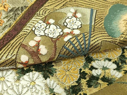 平和屋本店▼西陣の名門　本家加納　六通柄袋帯　扇面草花文　松竹梅　本金箔　正絹　逸品　DABI1274sf
