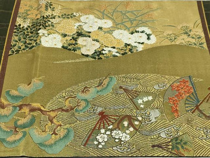 平和屋本店▼西陣の名門　本家加納　六通柄袋帯　扇面草花文　松竹梅　本金箔　正絹　逸品　DABI1274sf