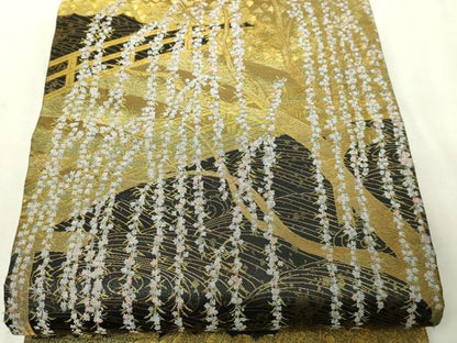 平和屋本店▼西陣あさぎ　丸帯　桃山百双屏風文　本金・プラチナ・黒漆箔　壱仟八百口織　正絹　逸品　DABI1276sf　