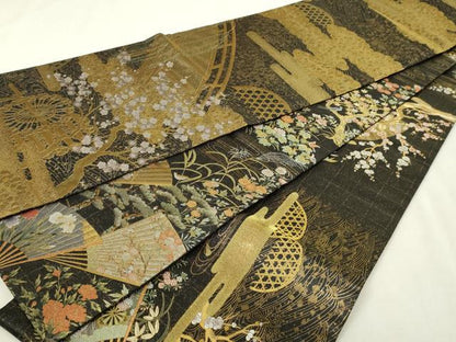 平和屋本店▼西陣あさぎ　丸帯　桃山百双屏風文　本金・プラチナ・黒漆箔　壱仟八百口織　正絹　逸品　DABI1276sf　