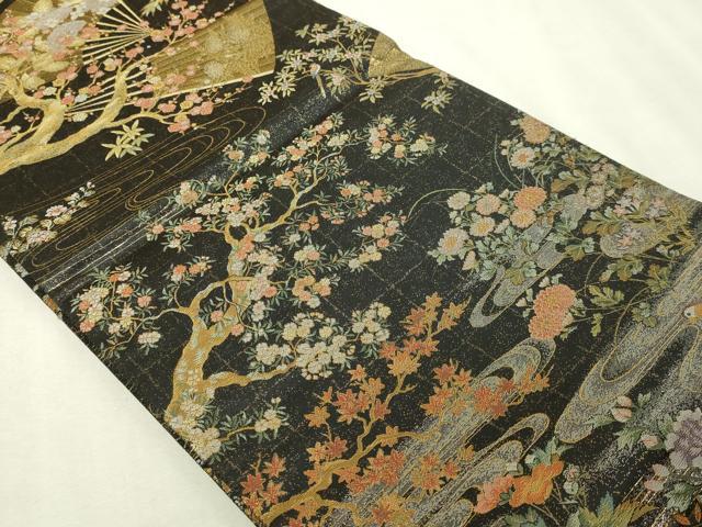 平和屋本店▼西陣あさぎ　丸帯　桃山百双屏風文　本金・プラチナ・黒漆箔　壱仟八百口織　正絹　逸品　DABI1276sf　