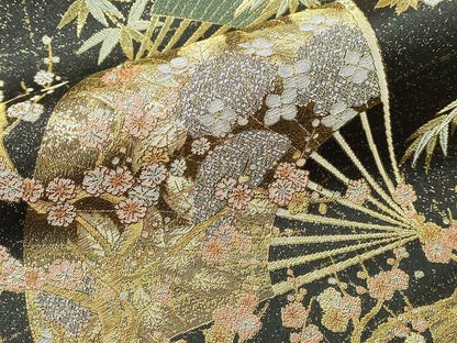 平和屋本店▼西陣あさぎ　丸帯　桃山百双屏風文　本金・プラチナ・黒漆箔　壱仟八百口織　正絹　逸品　DABI1276sf　