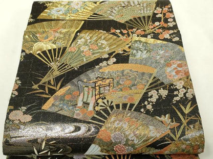 平和屋本店▼西陣あさぎ　丸帯　桃山百双屏風文　本金・プラチナ・黒漆箔　壱仟八百口織　正絹　逸品　DABI1276sf　