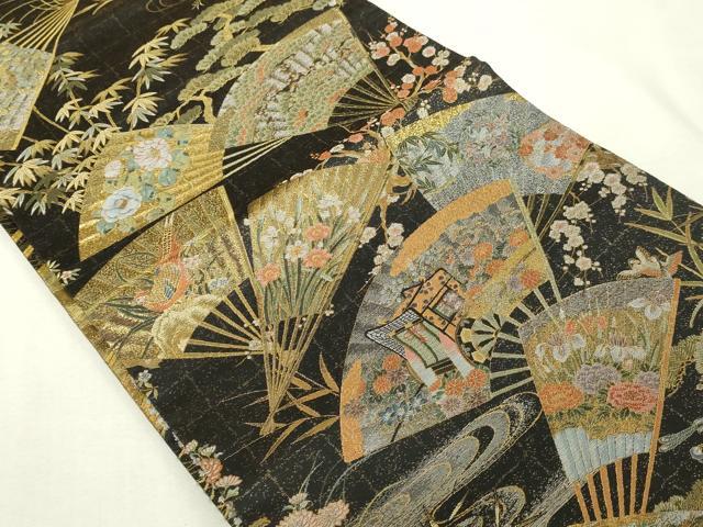 平和屋本店▼西陣あさぎ　丸帯　桃山百双屏風文　本金・プラチナ・黒漆箔　壱仟八百口織　正絹　逸品　DABI1276sf　