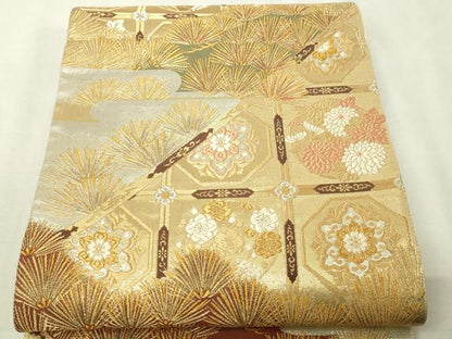 平和屋着物▼六通柄袋帯　金錦　松葉花文　正絹　逸品　DABI1280sf