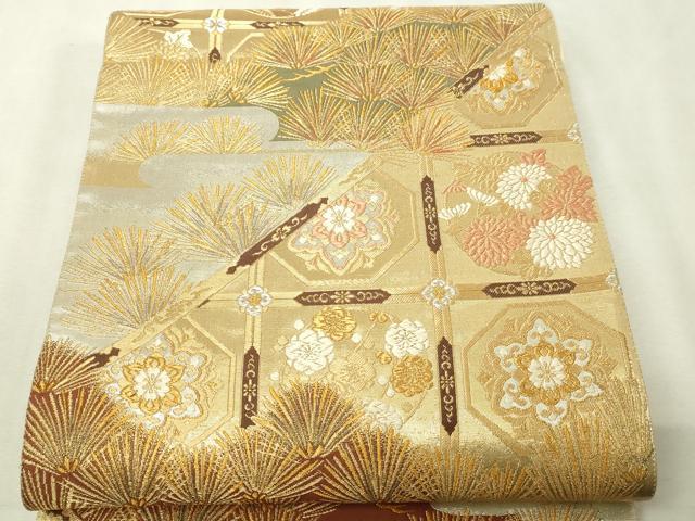 平和屋着物▼六通柄袋帯　金錦　松葉花文　正絹　逸品　DABI1280sf