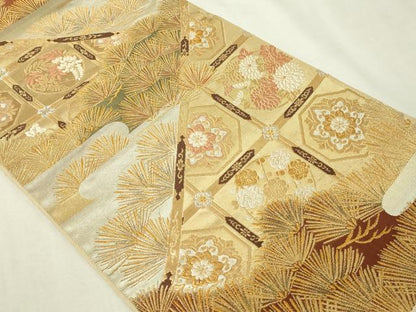 平和屋着物▼六通柄袋帯　金錦　松葉花文　正絹　逸品　DABI1280sf