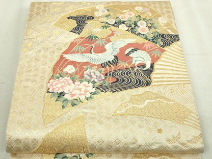 平和屋本店▼六通柄袋帯　群れ鶴草花文　本金箔　正絹　逸品　DABI1284sf
