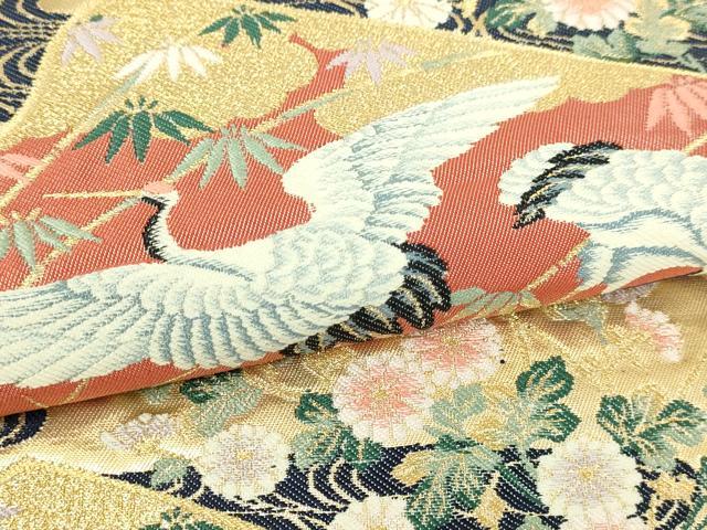 平和屋本店▼六通柄袋帯　群れ鶴草花文　本金箔　正絹　逸品　DABI1284sf