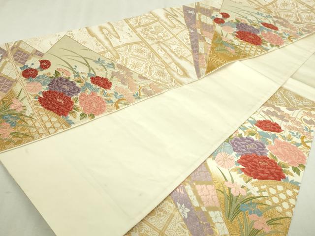 平和屋本店▼六通柄袋帯　唐織　違棚裂取花紋　純金箔　正絹　逸品　DABI1289sf