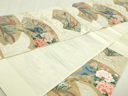 平和屋本店▼六通柄袋帯　唐織　琳派扇面孔雀文　九百本金箔　正絹　逸品　DABI1292sf