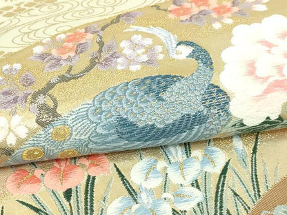 平和屋本店▼六通柄袋帯　唐織　琳派扇面孔雀文　九百本金箔　正絹　逸品　DABI1292sf