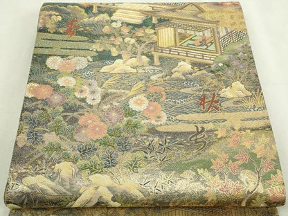 平和屋本店▼西陣　岡文織物謹製　六通柄袋帯　和漢朗詠染　長生殿蒔絵図　本金箔　上代45万　証紙付き　正絹　逸品　DABI1293sf