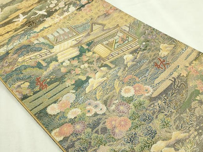 平和屋本店▼西陣　岡文織物謹製　六通柄袋帯　和漢朗詠染　長生殿蒔絵図　本金箔　上代45万　証紙付き　正絹　逸品　DABI1293sf
