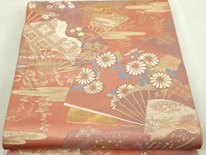 平和屋本店▼六通柄袋帯　扇面草花文　純銀純銀箔　正絹　逸品　DABI1294sf
