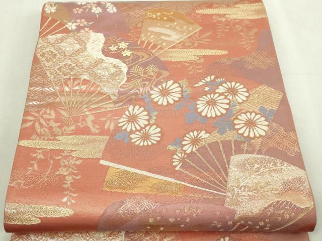 平和屋本店▼六通柄袋帯　扇面草花文　純銀純銀箔　正絹　逸品　DABI1294sf