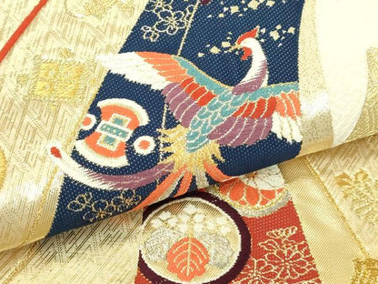 平和屋本店▼六通柄袋帯　束ね熨斗孔雀花文　本金箔24Ｋ　正絹　逸品　DABI1296sf