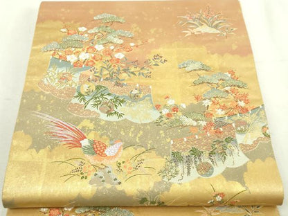 平和屋本店●太鼓柄袋帯　献華狩場絵文　障碧箔桃山　本金箔　金泥箔　正絹　逸品　DABI1297sf