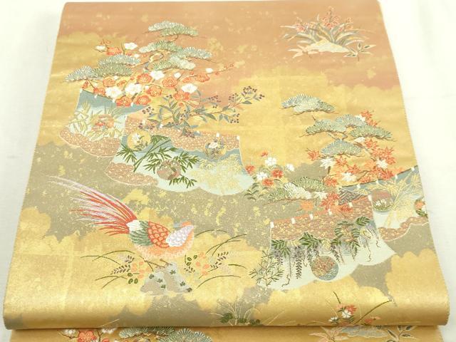 平和屋本店●太鼓柄袋帯　献華狩場絵文　障碧箔桃山　本金箔　金泥箔　正絹　逸品　DABI1297sf