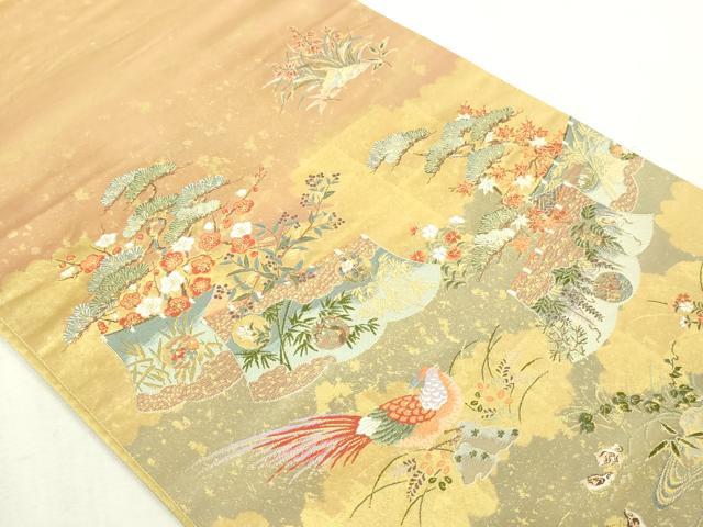 平和屋本店●太鼓柄袋帯　献華狩場絵文　障碧箔桃山　本金箔　金泥箔　正絹　逸品　DABI1297sf