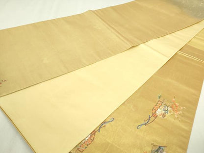 平和屋本店●太鼓柄袋帯　献華狩場絵文　障碧箔桃山　本金箔　金泥箔　正絹　逸品　DABI1297sf
