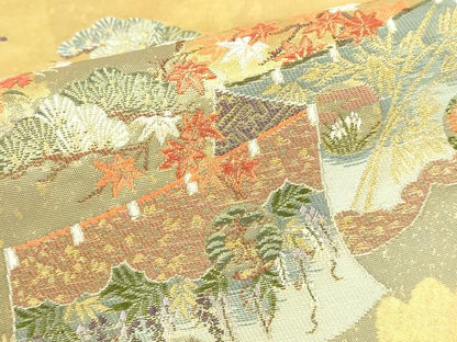 平和屋本店●太鼓柄袋帯　献華狩場絵文　障碧箔桃山　本金箔　金泥箔　正絹　逸品　DABI1297sf