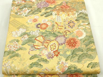 平和屋本店▼六通柄袋帯　唐織　風景草花文　本金箔二重　正絹　逸品　DABI1299sf