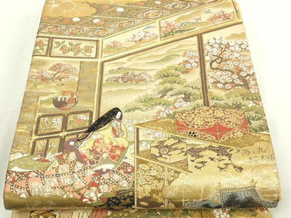 平和屋本店▼両方向全通柄袋帯　人物風景文　本金箔　プラチナ箔　正絹　逸品　DABI1301sf