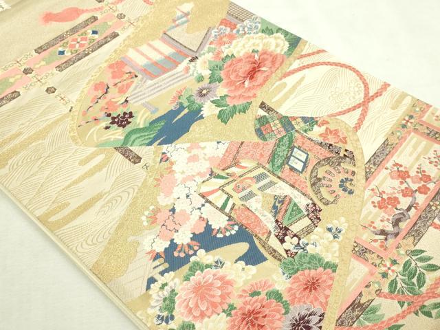 平和屋本店▼六通柄袋帯　唐織　九百錦　風景草花文　純金箔24ｋ　正絹　逸品　DABI1306sf