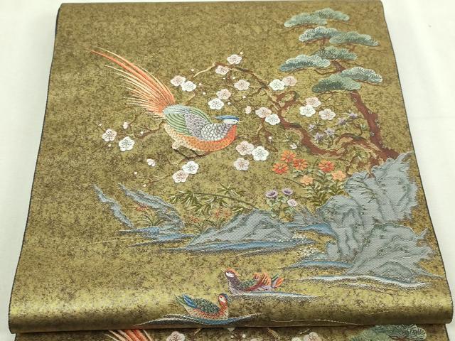 平和屋本店●太鼓柄袋帯　楽園鳥絵文　本金箔　金泥箔　正絹　逸品　DABI1307sf