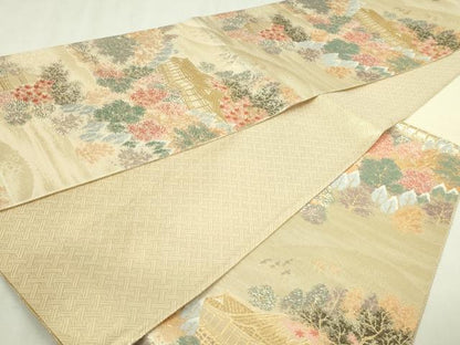 平和屋本店▼六通柄袋帯　風景草花文　本金二重箔　正絹　逸品　DABI1308sf