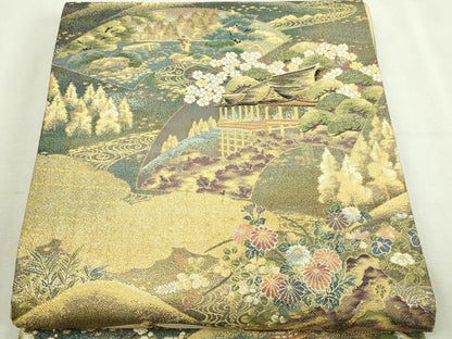 平和屋本店▼全通全景柄袋帯　世界文化遺産　洛東　本金箔　正絹　逸品　DABI1327sf