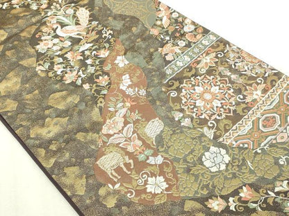 平和屋本店▼六通柄袋帯　正倉院花唐草文　うるし箔　本金箔　正絹　逸品　DABI1329sf