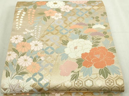 平和屋本店▼両面　六通柄袋帯　唐織　草花文　本金二重箔　正絹　逸品　DABI1330sf