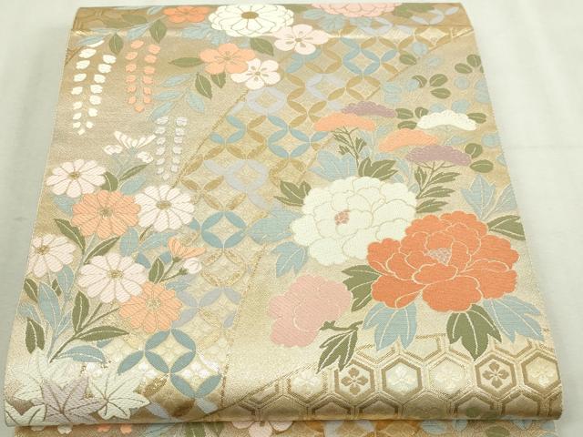 平和屋本店▼両面　六通柄袋帯　唐織　草花文　本金二重箔　正絹　逸品　DABI1330sf