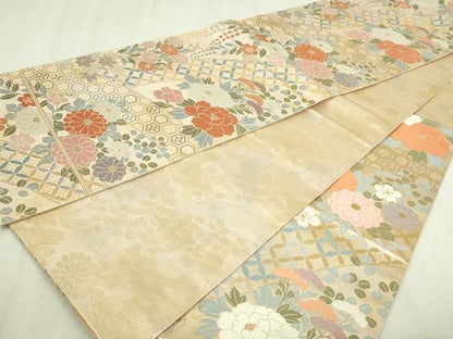 平和屋本店▼両面　六通柄袋帯　唐織　草花文　本金二重箔　正絹　逸品　DABI1330sf