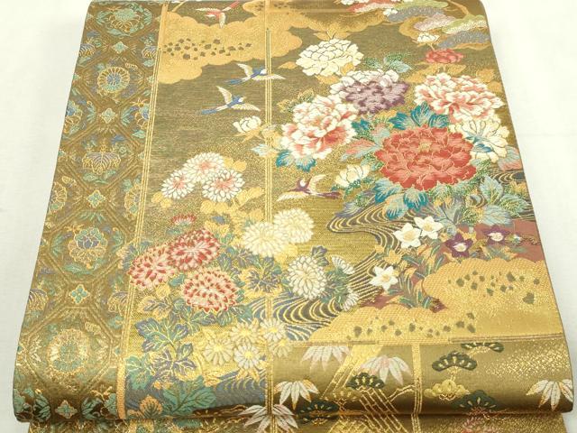 平和屋本店▼六通柄袋帯　違棚花鳥文　本金箔　正絹　逸品　DABI1347sf