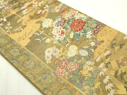 平和屋本店▼六通柄袋帯　違棚花鳥文　本金箔　正絹　逸品　DABI1347sf
