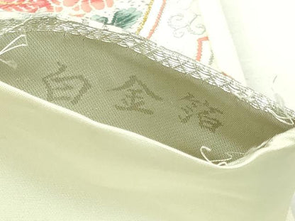 平和屋着物▼六通柄袋帯　唐織　孔雀花文　白金箔　正絹　逸品　DABI1349sf