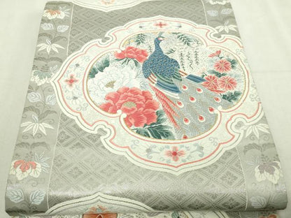 平和屋着物▼六通柄袋帯　唐織　孔雀花文　白金箔　正絹　逸品　DABI1349sf