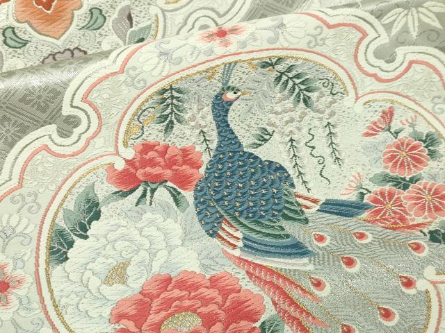 平和屋着物▼六通柄袋帯　唐織　孔雀花文　白金箔　正絹　逸品　DABI1349sf