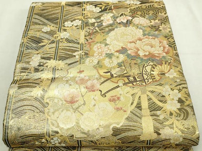 平和屋着物▼西陣あさぎ　双方向自在全通丸帯　四季都稚尽し　正絹　逸品　DABI1354s