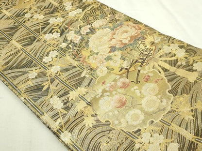 平和屋着物▼西陣あさぎ　双方向自在全通丸帯　四季都稚尽し　正絹　逸品　DABI1354s
