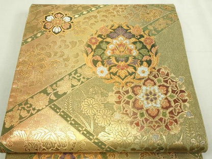 平和屋着物▼六通柄袋帯　正倉院花文　金糸　正絹　逸品　DABI1357sf