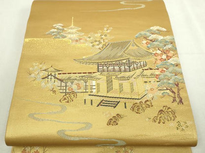 平和屋着物▼六通柄袋帯　平等院京之里　漆金九百錦　正絹　逸品　DABI1358sf