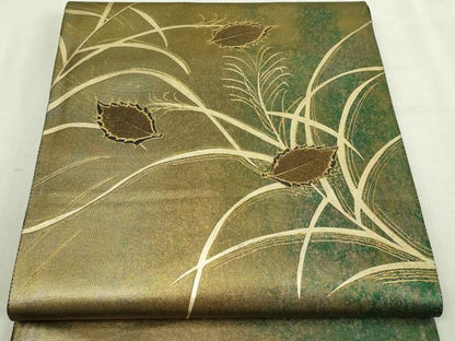 平和屋本店▼太鼓柄袋帯　草葉文　ケミカルシルク箔　純金　正絹　逸品　DABI1365sf