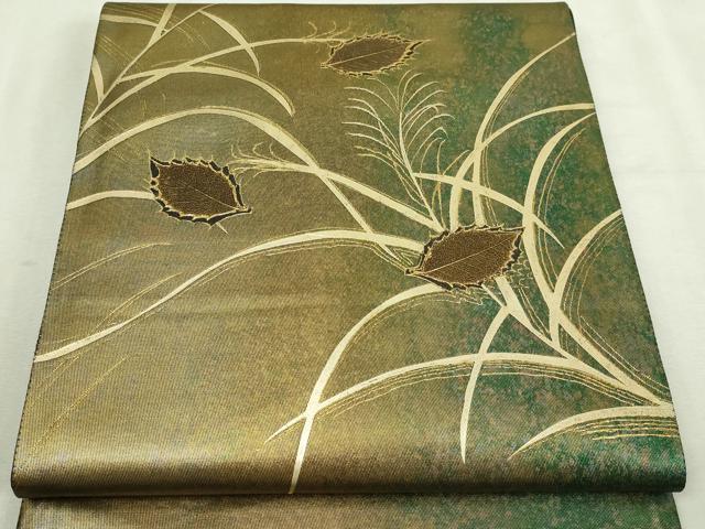 平和屋本店▼太鼓柄袋帯　草葉文　ケミカルシルク箔　純金　正絹　逸品　DABI1365sf