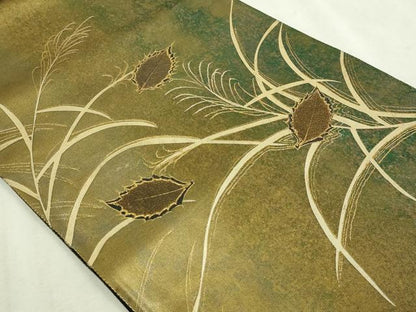 平和屋本店▼太鼓柄袋帯　草葉文　ケミカルシルク箔　純金　正絹　逸品　DABI1365sf