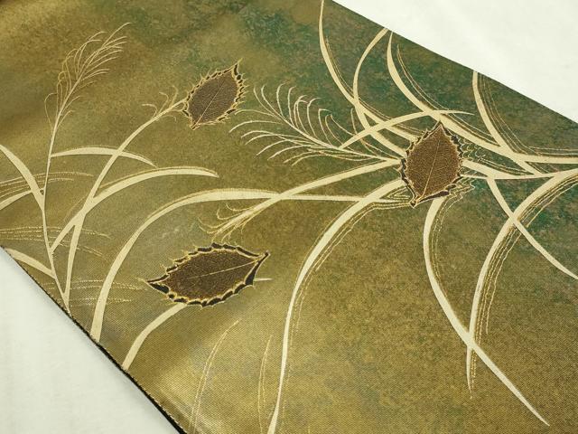 平和屋本店▼太鼓柄袋帯　草葉文　ケミカルシルク箔　純金　正絹　逸品　DABI1365sf